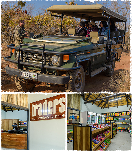 Collage of 3 images, the interior of the adventure centre, the pick up point and a game vehicle full of visitors